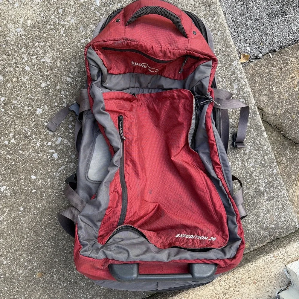 Eddie Bauer Expedition 26 Rolling Duffel Bag Suitcase Red Gray